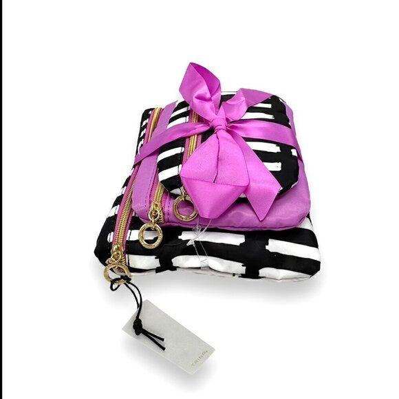 NWT Trina Set of 3 PCs Cosmetic Makeup Bag Cases Black & White Stripes Pink - Picture 6 of 9